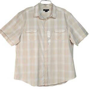 Claiborne Shirt Men's XL Short Sleeve Tan White Plaid Button Up Pockets Cotton